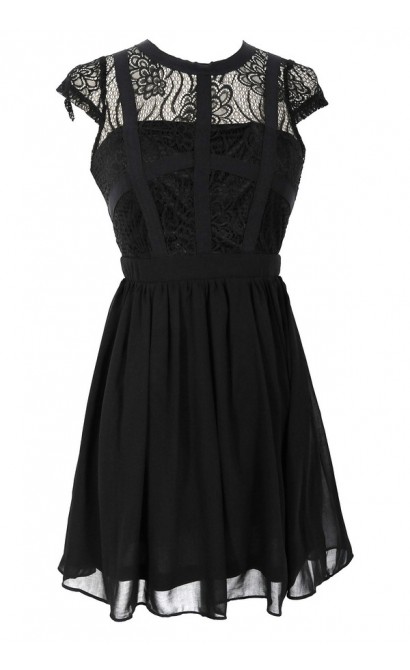 Capsleeve Lace Top Dress With Contrast Ribbon Overlay in Black